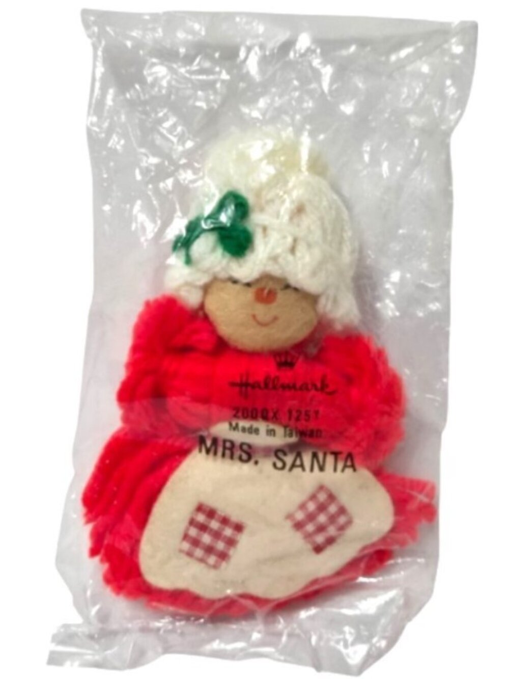 Vintage Hallmark Mrs Santa Claus Yarn Doll Christmas Ornament Red White Plaid